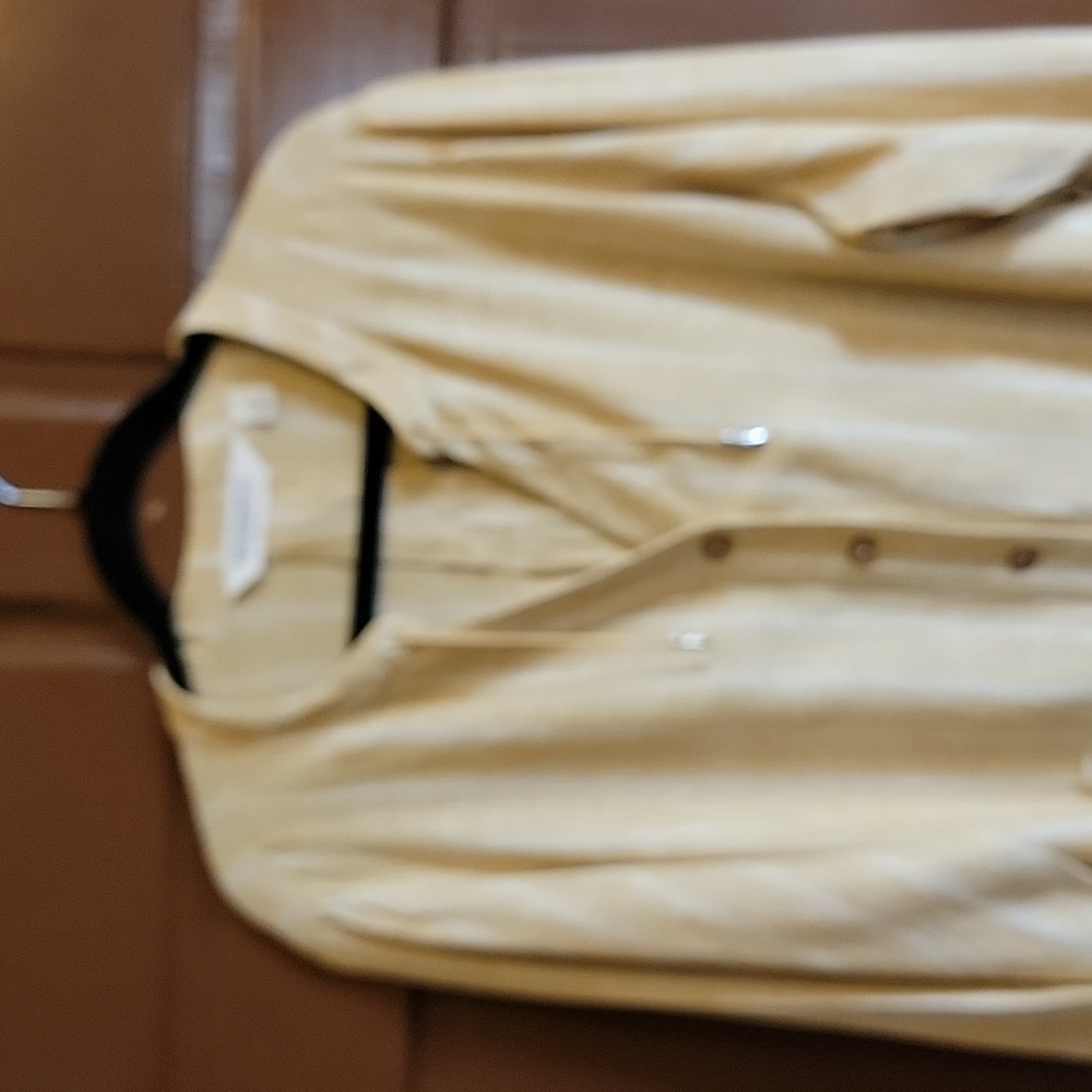 Bridge Hampton-Linen blend gold/ white striped button down front top 1X.